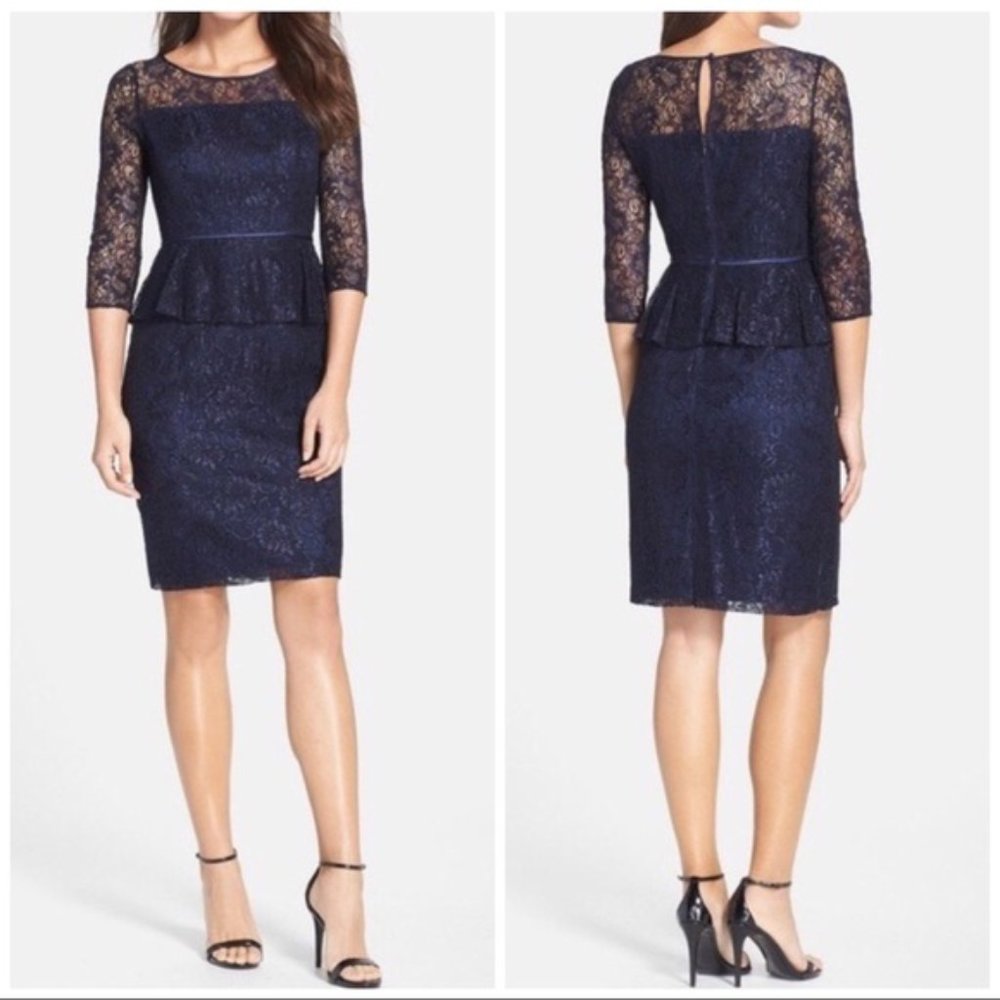 Adrianna Papell Navy Lace Peplum Dress 2P